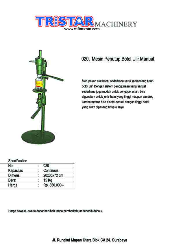 020. Mesin Penutup Botol Ulir Manual